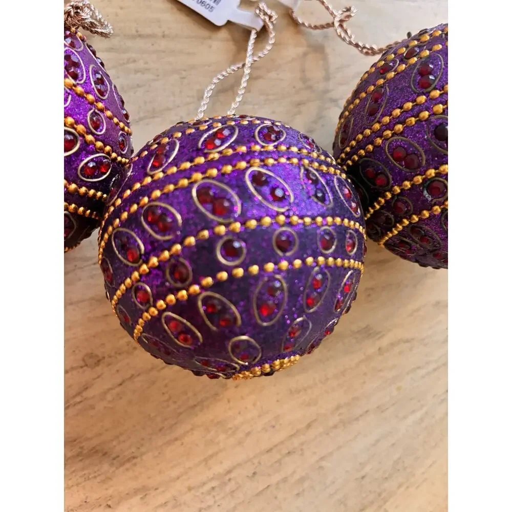 NWT Pier 1 Purple Jeweled Beaded Xmas Ornaments GEMS Gold Mardi Gras VTG Lot 3
